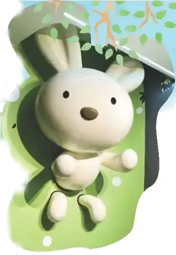 清新朝氣大白兔是「綠色森林」的 守護者，開心迎接每位到訪的孩童，邀請加入他的森林探險計畫。
